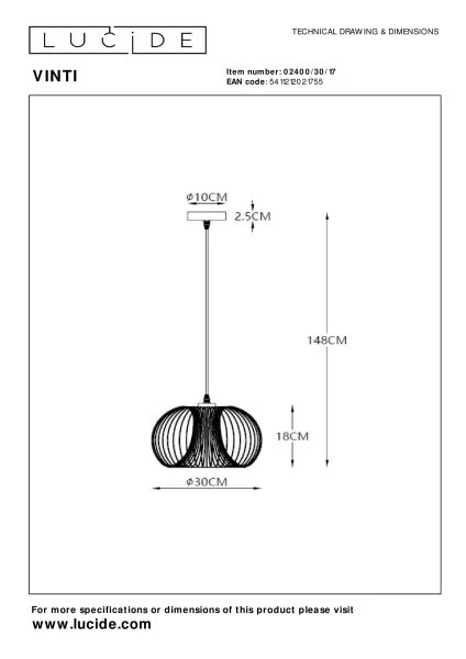 Lucide VINTI - Lámpara colgante - Ø 30 cm - 1xE27 - Cobre - técnico